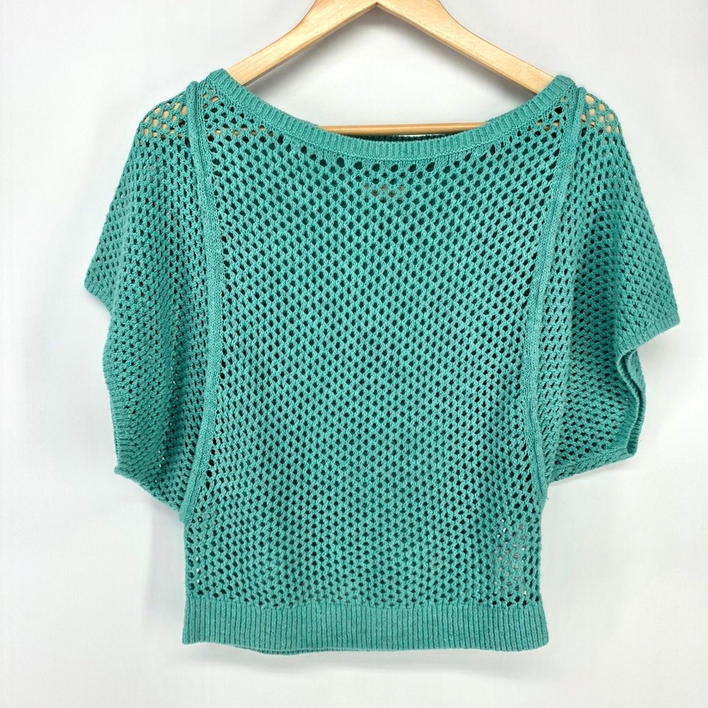 Pilcro Crochet Sweater Womens XS Teal Open Knit Dolman Sleeve Boho Boat Neck Top
